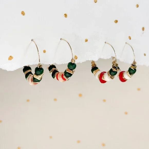 Boho Hoop Earrings Green Stone Beaded Gold Hoops Coral Ivory | Artisan Style - Picture 4 of 10